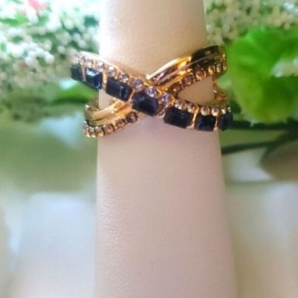 Blue Sapphires & White Baguette Diamond 18K Gold Cocktail Ring on 925 Silver - Picture 1 of 4